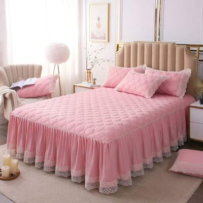 YEARLY Luxury Lace Quilted Bed Skirts Romantic Girls Bed Sheet Elegant Teen Flat Sheet Ultra Soft Thicken Protective Bed Covers Pink 59x79inch+pillowcase2