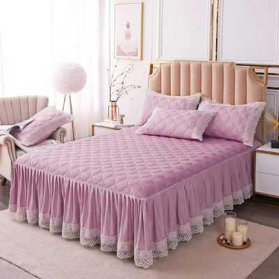 YEARLY Luxury Lace Quilted Bed Skirts Romantic Girls Bed Sheet Elegant Teen Flat Sheet Ultra Soft Thicken Protective Bed Covers Pinka 59x79inch+pillowcase2