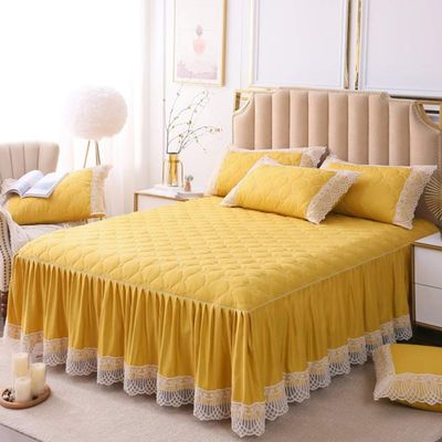 Luxury Lace Quilted Bed Skirts Romantic Girls Bed Sheet Elegant Teen Flat Sheet Ultra Soft Thicken Protective Bed Covers Yellow 59x79inch+pillowcase2