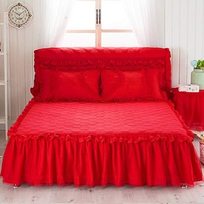 YEARLY Luxury Lace Quilted Bed Skirts Romantic Girls Bed Sheet Elegant Teen Flat Sheet Ultra Soft Thicken Protective Bed Covers Reda 79x87inch+pillowcase2