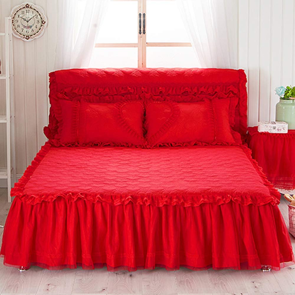 YEARLY Luxury Lace Quilted Bed Skirts Romantic Girls Bed Sheet Elegant Teen Flat Sheet Ultra Soft Thicken Protective Bed Covers Reda 79x87inch+pillowcase2