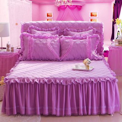 YEARLY Luxury Lace Quilted Bed Skirts Romantic Girls Bed Sheet Elegant Teen Flat Sheet Ultra Soft Thicken Protective Bed Covers Purplea 79x87inch+pillowcase2