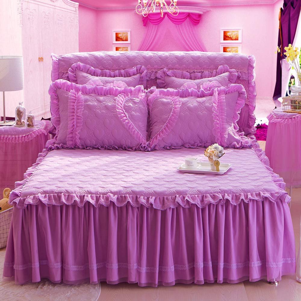 YEARLY Luxury Lace Quilted Bed Skirts Romantic Girls Bed Sheet Elegant Teen Flat Sheet Ultra Soft Thicken Protective Bed Covers Purplea 79x87inch+pillowcase2