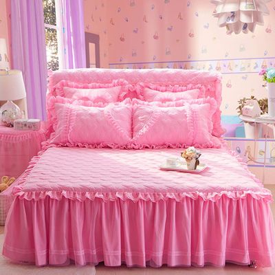 YEARLY Luxury Lace Quilted Bed Skirts Romantic Girls Bed Sheet Elegant Teen Flat Sheet Ultra Soft Thicken Protective Bed Covers Pink C 79x87inch+pillowcase2