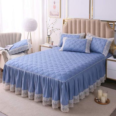 YEARLY Luxury Lace Quilted Bed Skirts Romantic Girls Bed Sheet Elegant Teen Flat Sheet Ultra Soft Thicken Protective Bed Covers Blue 79x87inch+pillowcase2