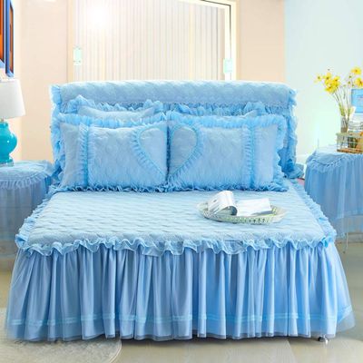 YEARLY Luxury Lace Quilted Bed Skirts Romantic Girls Bed Sheet Elegant Teen Flat Sheet Ultra Soft Thicken Protective Bed Covers Blue A 79x87inch+pillowcase2