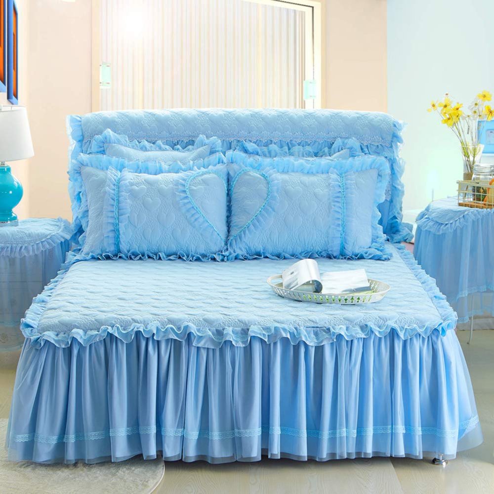 YEARLY Luxury Lace Quilted Bed Skirts Romantic Girls Bed Sheet Elegant Teen Flat Sheet Ultra Soft Thicken Protective Bed Covers Blue A 79x87inch+pillowcase2
