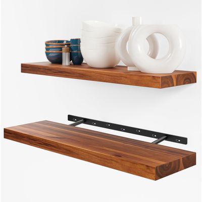 BATODA Set of 2 24" Acacia Wood Floating Shelves Wall Mounted  Rustic Farmhouse Wooden Wall Storage Shelf for Bedroom, Kitchen, Home Dcor - Brackets and Shelving Hardware Included