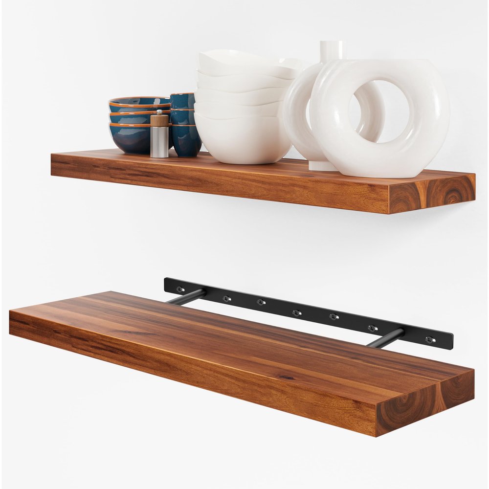 BATODA Set of 2 24" Acacia Wood Floating Shelves Wall Mounted  Rustic Farmhouse Wooden Wall Storage Shelf for Bedroom, Kitchen, Home Dcor - Brackets and Shelving Hardware Included