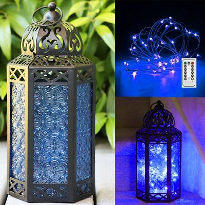 12 Cobalt Blue Glass Metal Moroccan Decorative Candle Lantern with LED Twinkle Fairy Lights & Remote Table Centerpieces, Indoor Home Decor, Outdoor Patio & Porch, Large