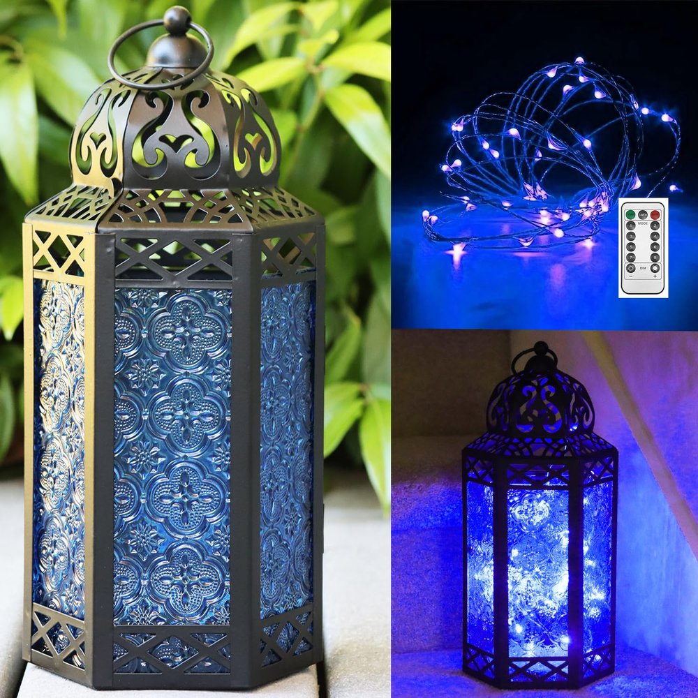 12 Cobalt Blue Glass Metal Moroccan Decorative Candle Lantern with LED Twinkle Fairy Lights & Remote Table Centerpieces, Indoor Home Decor, Outdoor Patio & Porch, Large
