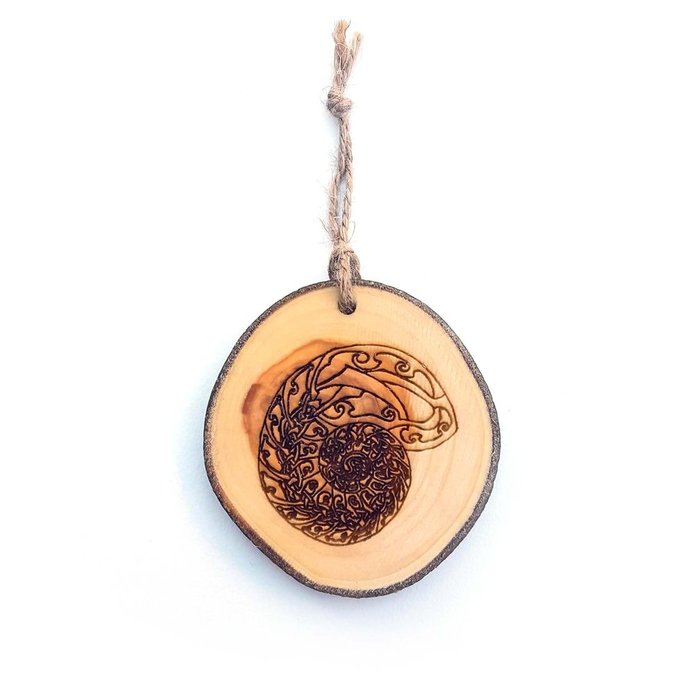 Celtic Nautilus Design Wooden Ornament, Wood Slice Decor, Ocean Theme