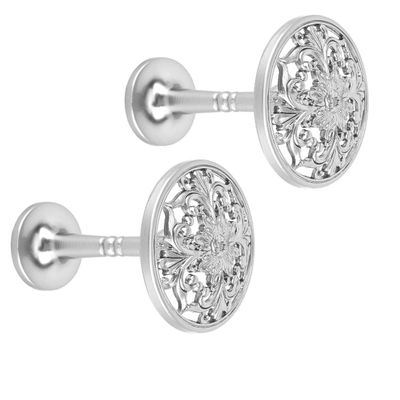 Lewondr Curtain Holdbacks, Set of 2 Wall Mounted Draperies Hooks Antique Engraved Floral Plate Vintage Retro Decorative Metal Hangers for Home Living Room Bathroom Closet - Silver