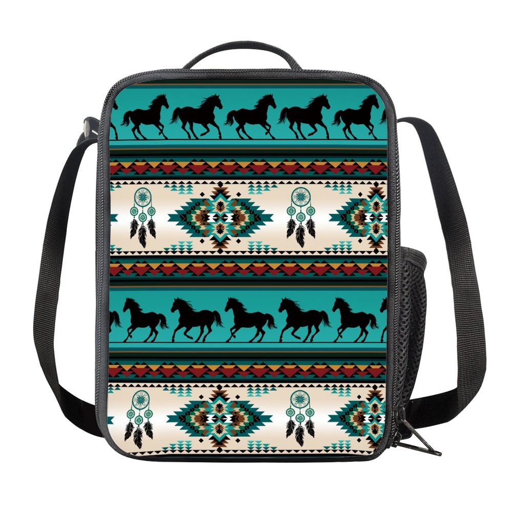 GIFTPUZZ Turquoise Aztec Horse Animal Lunch Bag Insulated Thermal Lunchbox Tote Bag Girls School Picnic Summer Camp Students Portable Lunchbag Food Organizer Snack Shoulder Bag Satchel