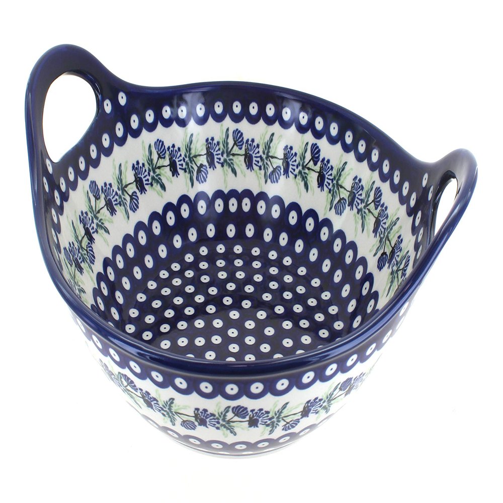 Blue Rose Polish Pottery - Blue Sweet Annie Deep Bowl with Handles - 12" Diameter - Perfect Bowl for Pastas, Bread, or any Side Dish