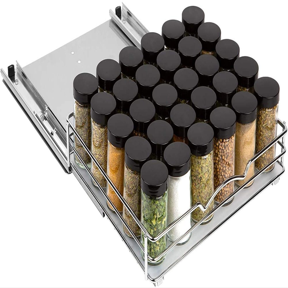 Pull-Out Cabinet Spice Rack Organizer - Slim Slide-Out Storage for Spices, Bottles & Jars, Premium Heavy-Duty Steel, Easy Install for Narrow Kitchen Cabinets - 12  W x 10  D x 2  H, Chrome