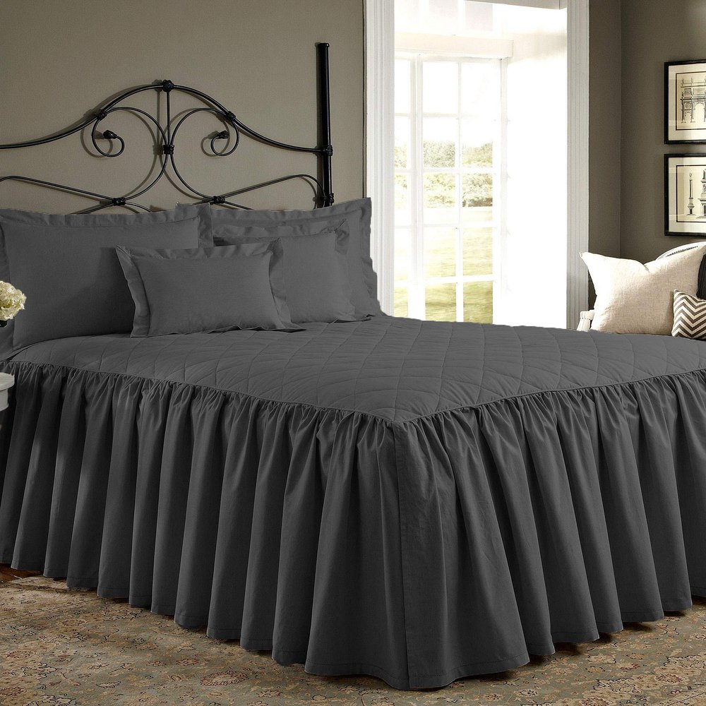 Bedding Empire 15" Drop 1 Piece Quilted Dust Ruffle Bed Skirt/Bed Spread 100% Egyptian Cotton 500 TC Gray Queen Size