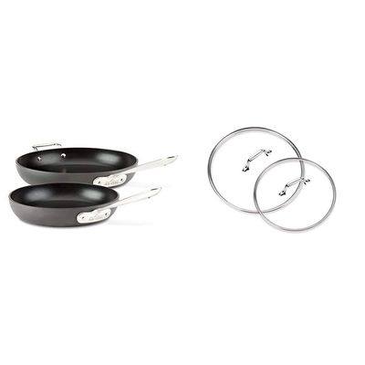 All-Clad HA1 Hard Anodized Nonstick 2 Piece Fry Pan Set 10, 12 Inch Induction Pots and Pans, Cookware Black and HA1 2 Pack 10" & 12" Glass Lid, Clear