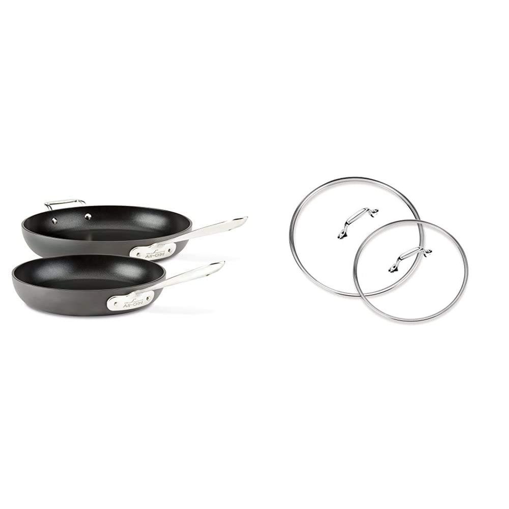 All-Clad HA1 Hard Anodized Nonstick 2 Piece Fry Pan Set 10, 12 Inch Induction Pots and Pans, Cookware Black and HA1 2 Pack 10" & 12" Glass Lid, Clear