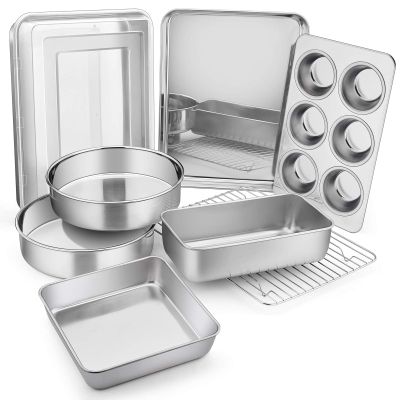 E-far Stainless Steel Baking Pan Set, 9-Piece Bakeware Sets for Cake Cookie Loaf Muffin, Include Round, Square, Rectangle Baking Sheet Pan with Lid & Cooling Rack, Dishwasher Safe