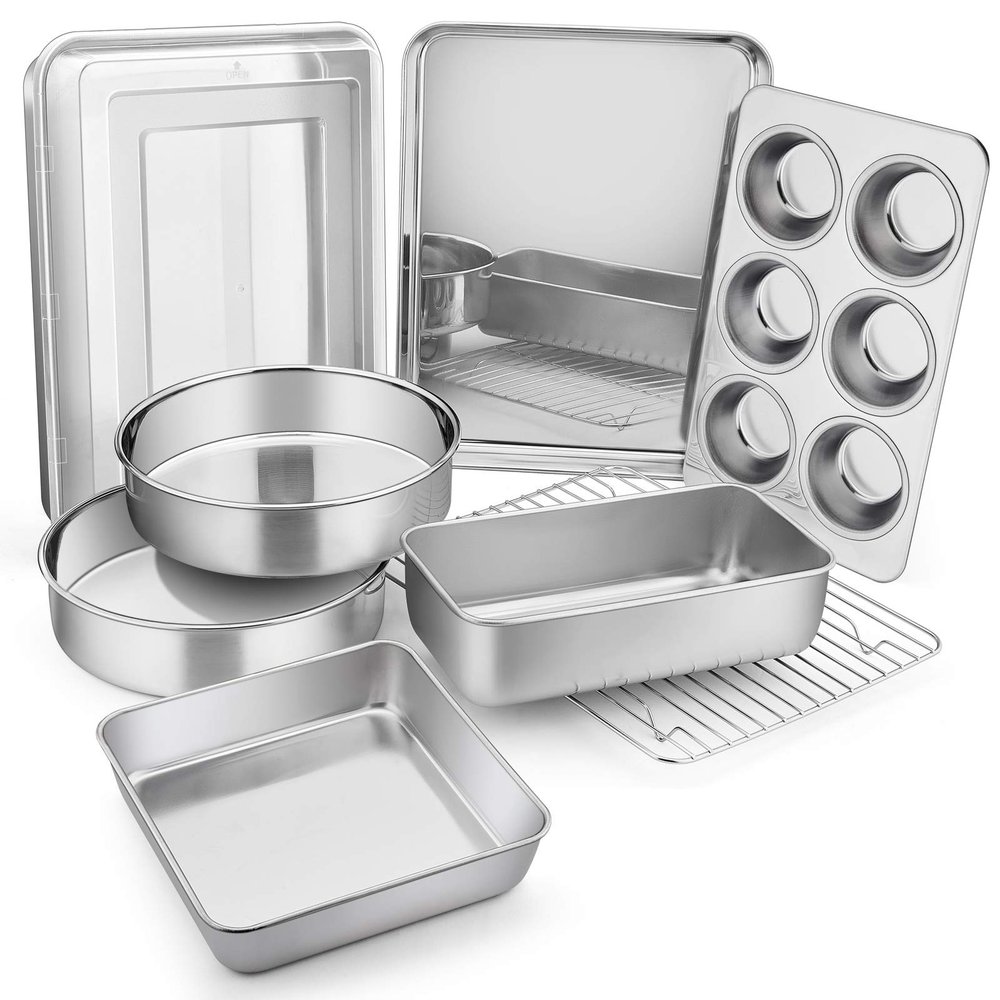 E-far Stainless Steel Baking Pan Set, 9-Piece Bakeware Sets for Cake Cookie Loaf Muffin, Include Round, Square, Rectangle Baking Sheet Pan with Lid & Cooling Rack, Dishwasher Safe