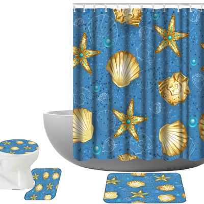 Amagical Blue Sandy Background with Gold Seashells and Starfish Pattern 16 Piece Bathroom Mat Set Shower Curtain Set Bath Mat Contour Mat Toilet Cover Shower Curtain with 12 Hooks