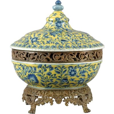 1pc Hand Painted Porcelain Tureen With Bronze Ormolu