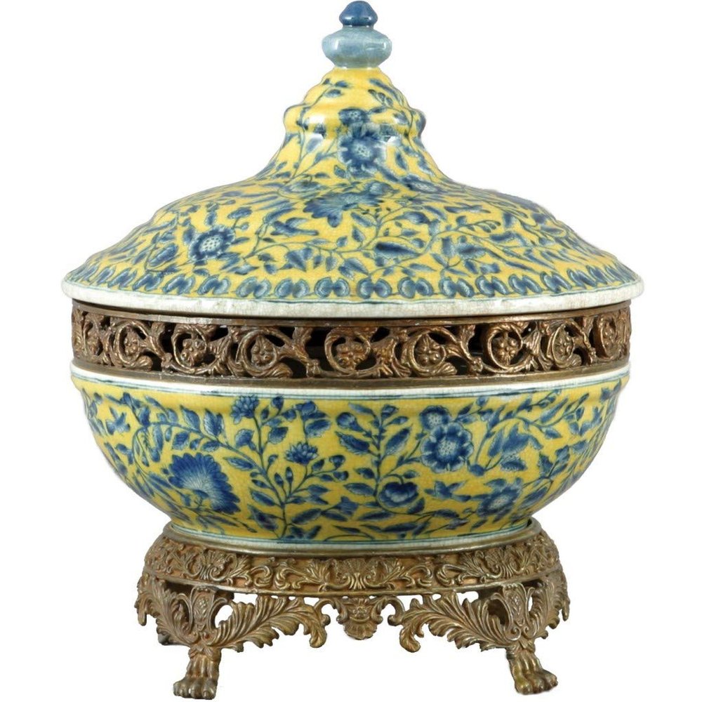 1pc Hand Painted Porcelain Tureen With Bronze Ormolu
