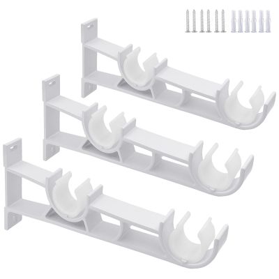 3 Pack Double Curtain Rod Brackets, Heavy Duty Curtain Rod Holders Hooks Double Rod Bracket Hanger Support for 1 Inch Diameter Rod, White