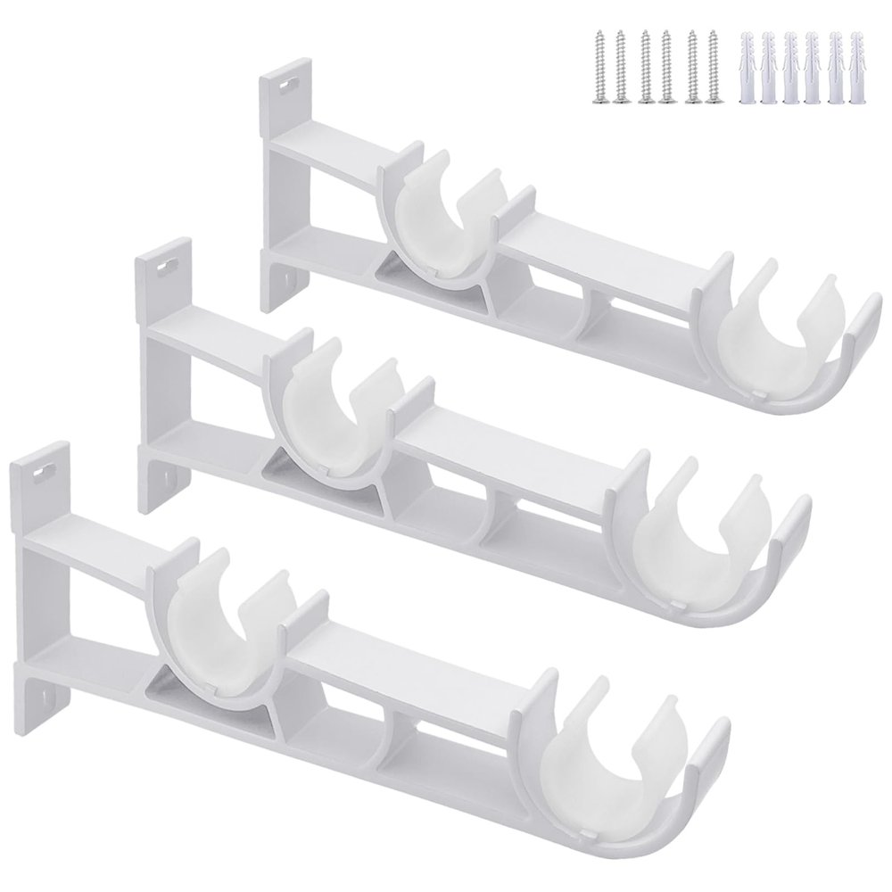 3 Pack Double Curtain Rod Brackets, Heavy Duty Curtain Rod Holders Hooks Double Rod Bracket Hanger Support for 1 Inch Diameter Rod, White