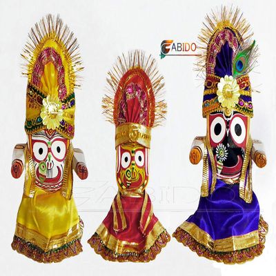 FABIDO Colored Wooden Idol of Lord Jagannath,Balaram and Subhadra Hindu God Made of Pure Neem Wood with Poshak Dress Mukut Peacock Feather (10 Inch)