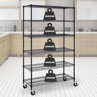 6 Tier Standing Shelf Units, NSF Heavy Duty Height Adjustable Storage Shelf Metal Shelving with Wheels/Feet Levelers for Garage Rack Kitchen Rack Office Rack Commercial Shelving 18" x 48" x 76" Black
