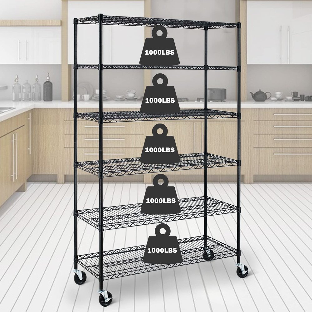 6 Tier Standing Shelf Units, NSF Heavy Duty Height Adjustable Storage Shelf Metal Shelving with Wheels/Feet Levelers for Garage Rack Kitchen Rack Office Rack Commercial Shelving 18" x 48" x 76" Black