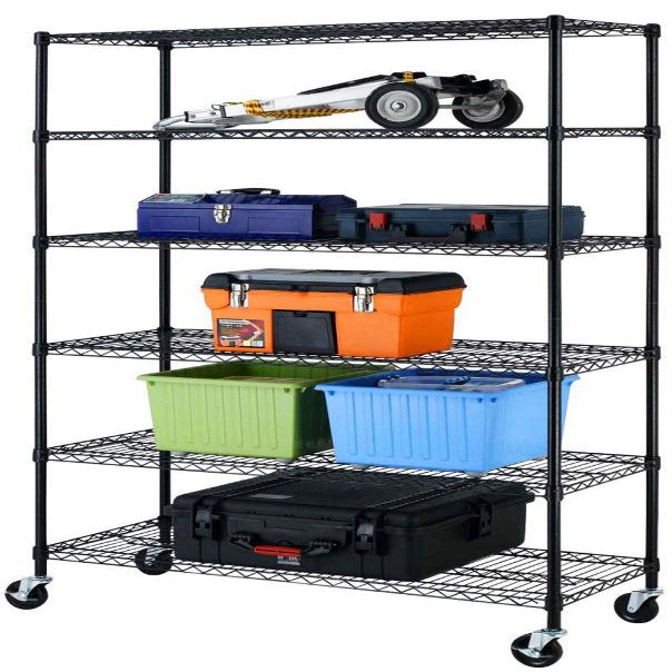 6 Tier Wire Shelving Unit Rack, NSF Heavy Duty Height Adjustable Storage Shelf Metal Shelving with Wheels/Feet Levelers for Garage Kitchen Office Commercial Shelving - 18"x48"x76" - Black - 6000 LBS