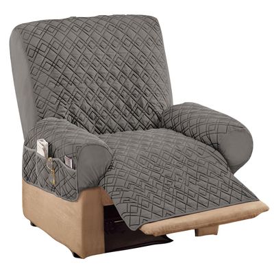 Collections Etc Diamond-Shape Quilted Stretch Recliner Cover with Storage Pockets and Elastic Straps - Furniture Protector