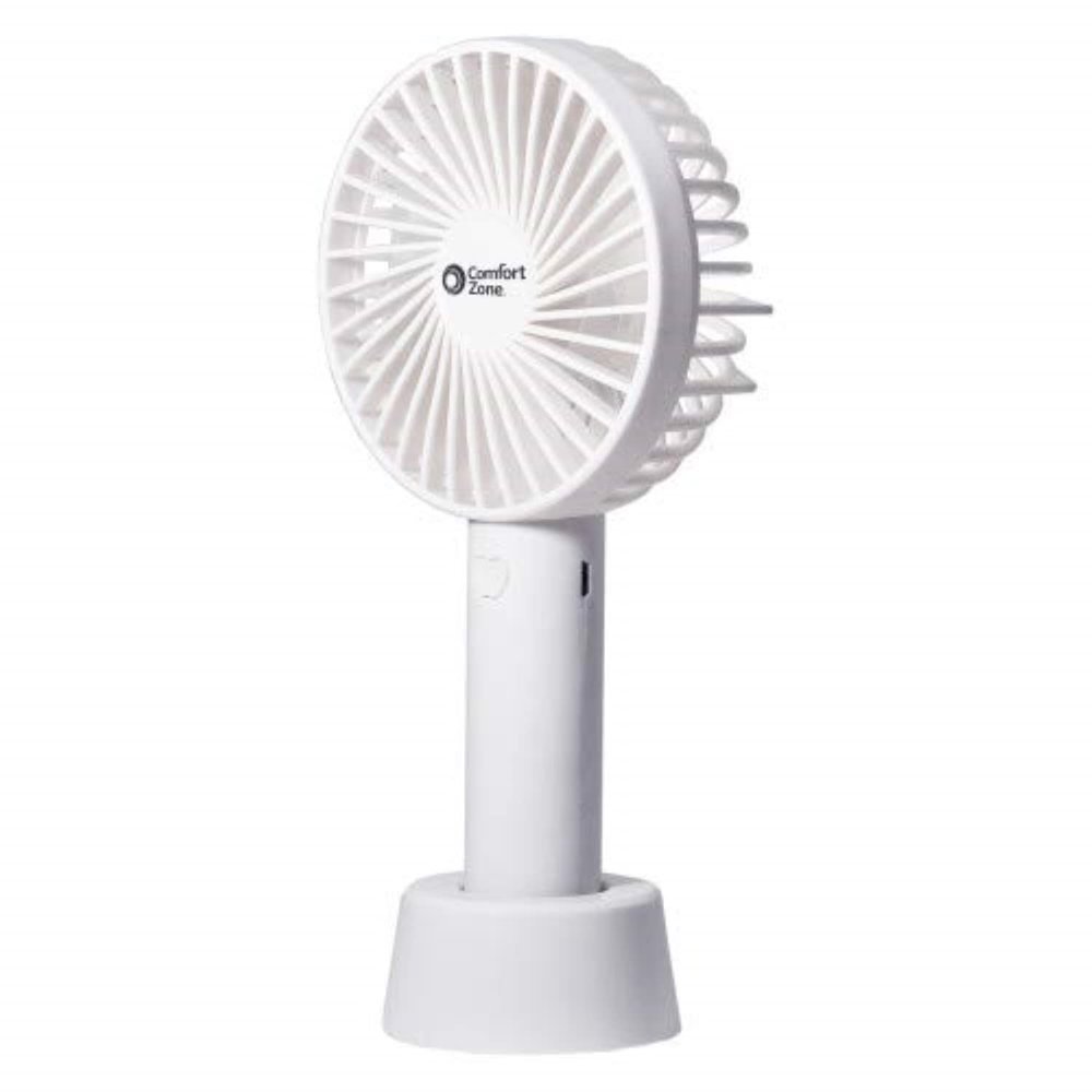 Comfort Zone Personal Handheld Rechargeable Fan, 4 Inch, 3 Speed, White