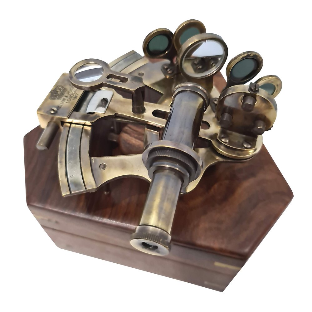 Marine Nautical Antique Brass Sextant Kelvin & Hughes Navigation Instrument with Hardwood Anchor Box Boat Ship Interior