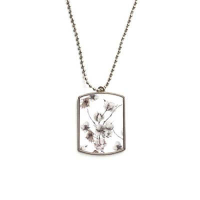 White Flowers Drawing Art Plant Stainless Steel Chain Dog Tag Pendant Pet Necklace