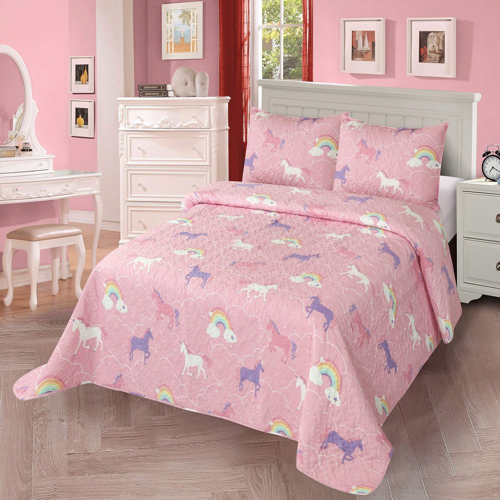 3pc Full/Queen Quilt Bedspread Set Kids/Teens Girls Unicorn Rainbow Pink Purple White New