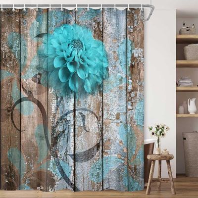 Rustic Flower Shower Curtain, Teal Floral Dahlia Barn Wood Farmhouse Shower Curtain Set, Country Turquoise Blue Brown Extra Long Fabric Shower Curtain with Hooks, Boho Bathroom Curtain, 69x84inches