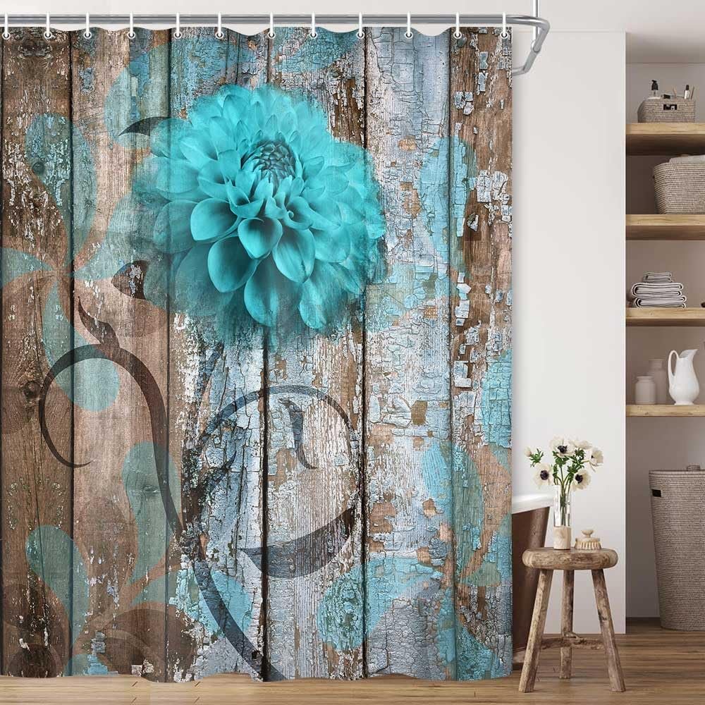 Rustic Flower Shower Curtain, Teal Floral Dahlia Barn Wood Farmhouse Shower Curtain Set, Country Turquoise Blue Brown Extra Long Fabric Shower Curtain with Hooks, Boho Bathroom Curtain, 69x84inches