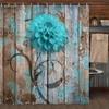 Rustic Flower Shower Curtain, Teal Floral Dahlia Barn Wood Farmhouse Shower Curtain Set, Country Turquoise Blue Brown Extra Long Fabric Shower Curtain with Hooks, Boho Bathroom Curtain, 69x84inches view 2