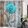 Rustic Flower Shower Curtain, Teal Floral Dahlia Barn Wood Farmhouse Shower Curtain Set, Country Turquoise Blue Brown Extra Long Fabric Shower Curtain with Hooks, Boho Bathroom Curtain, 69x84inches view 3