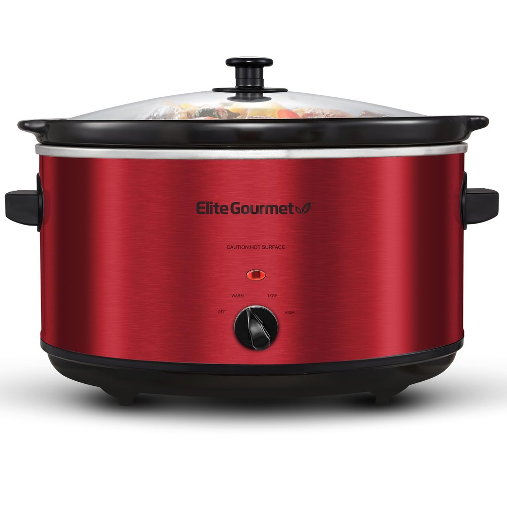 Elite Gourmet MST-900RXT# Electric Ceramic XL Jumbo Slow Cooker, Adjustable Temp, Entrees, Sauces, Stews & Dips, Dishwasher Safe Glass Lid & Crock, 8.5Qt, MetallicRed
