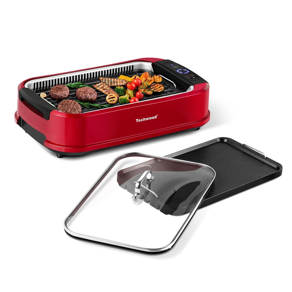 Indoor Smokeless Grill, Techwood 1500W Electric Indoor Grill with Tempered Glass Lid, Portable Non-stick Korean BBQ, Turbo Smoke Extractor Technology, Drip Tray& Double Removable Plate, Red