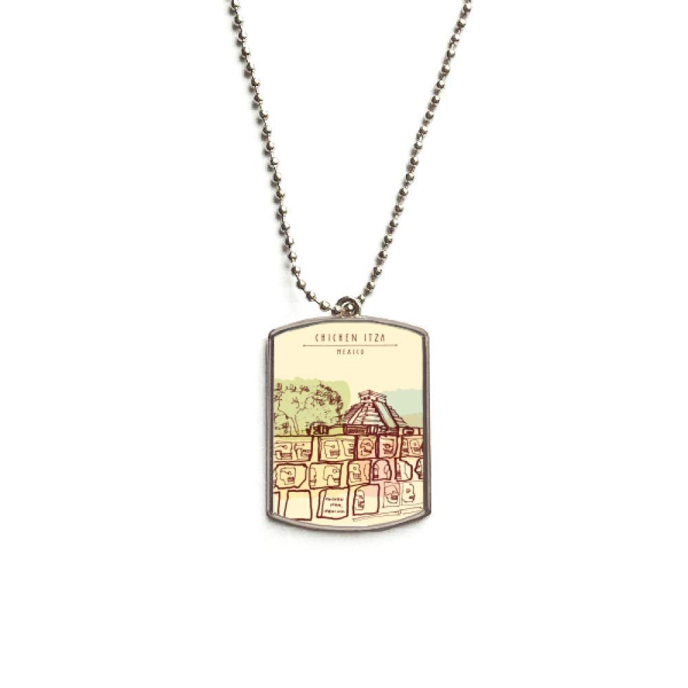 Chichen Itza Mexico Ancient Civilization Drawing Stainless Steel Chain Dog Tag Pendant Pet Necklace