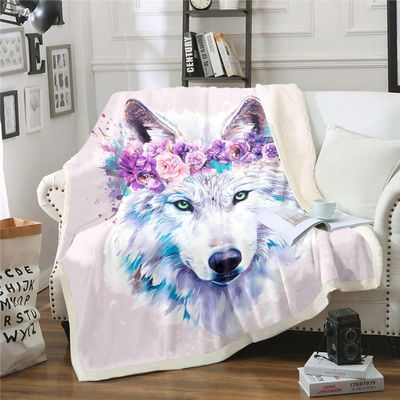 3D Wolf Sherpa Blanket, Wild Animal Blooming Flower Splash Watercolour Tie Dye Throw, Decorative Sofa Fleece Blanket, Twin 60"x80", Black White