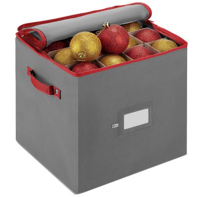 ZOBER Christmas Ornament Storage Box - Stores 64 3" Ornaments, With Dividers - Ornament Organizer Storage Box, Durable Christmas Containers Holder, Dual Zipper - Gray