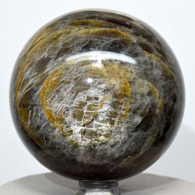 2.75" Black Moonstone Sphere Natural Sparkling Crystal Polished Ball Mineral Feldspar Holistic Sheen Stone - Madagascar + Stand