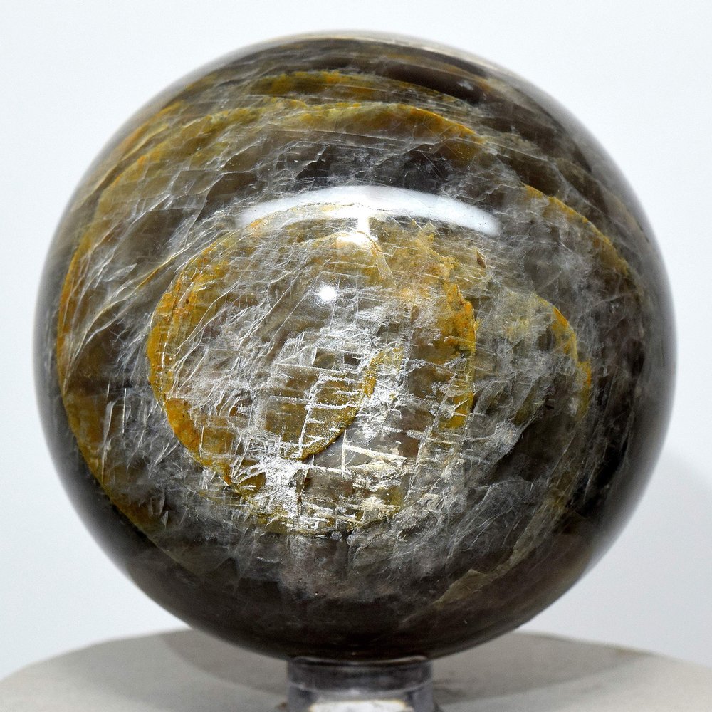 2.75" Black Moonstone Sphere Natural Sparkling Crystal Polished Ball Mineral Feldspar Holistic Sheen Stone - Madagascar + Stand